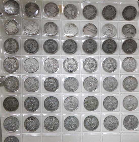 An album of assorted British coinage, including shillings, pennies, threepences etc.